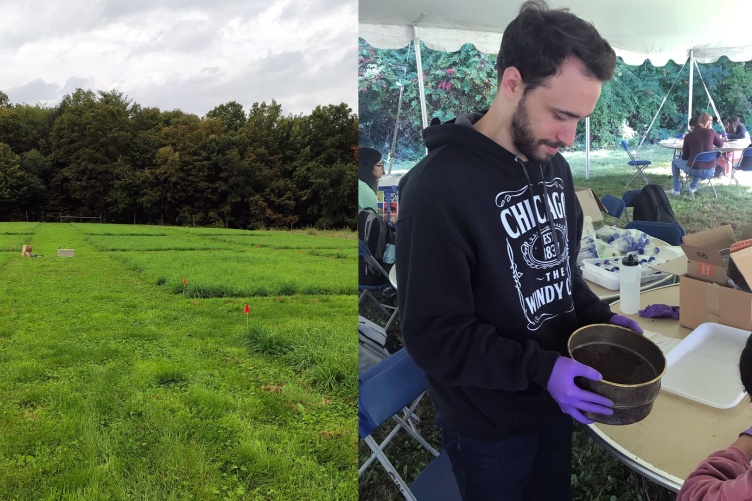 Two images: Left side shows the treatment plots at the Kingman Research Farm. Right side shows students shifting through soil samples.